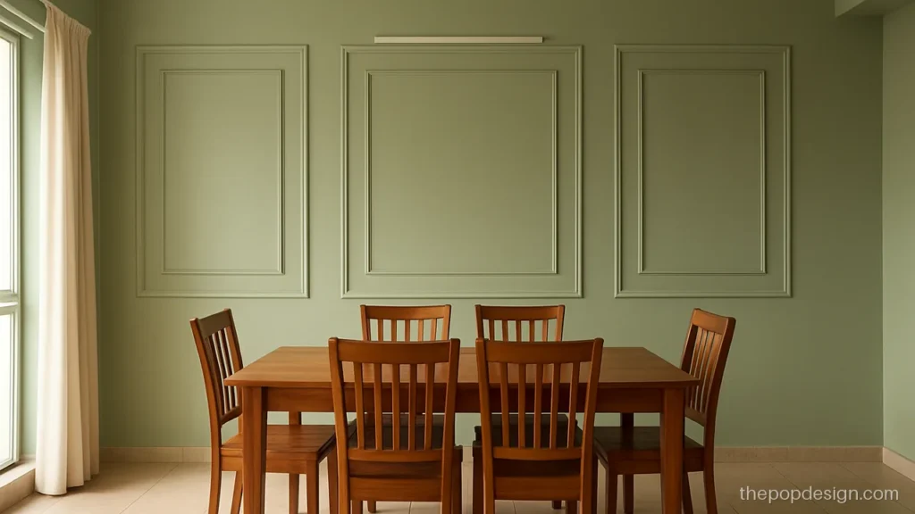 POP moulding frames on a dining room wall painted soft sage