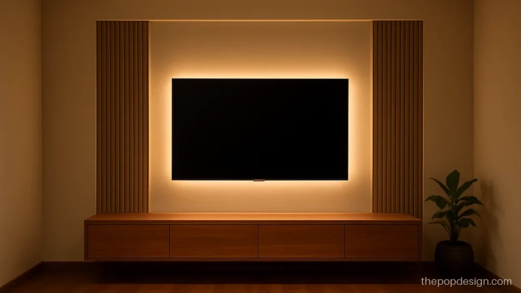 POP TV wall with vertical grooves and a back-lit panel in a hall
