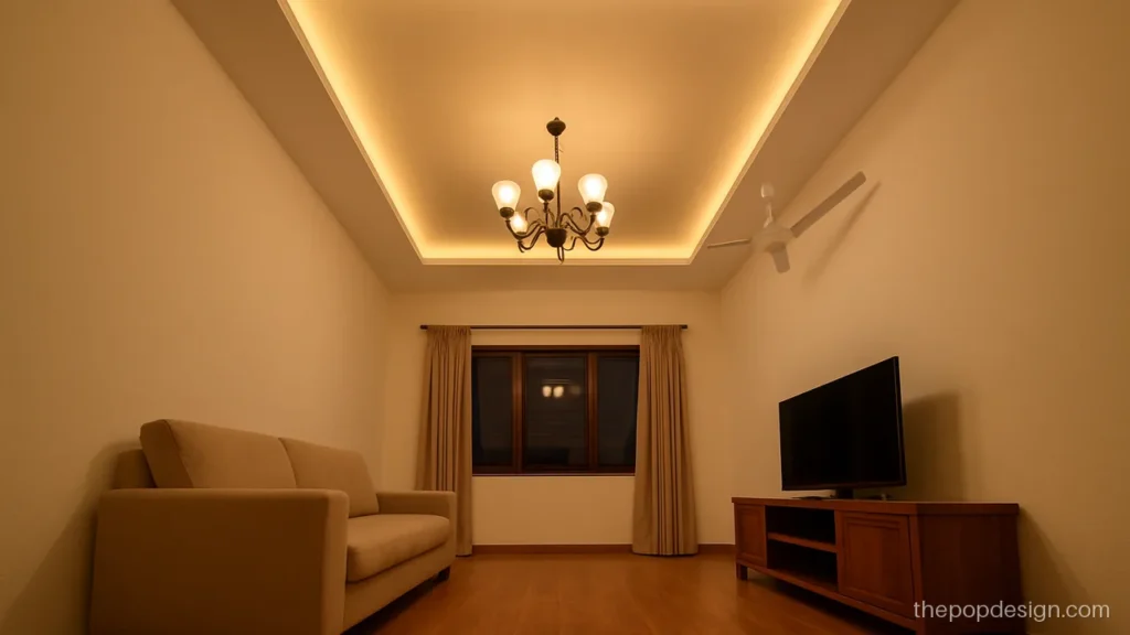 Jhumar pop design for hall with a two tone recess and warm cove