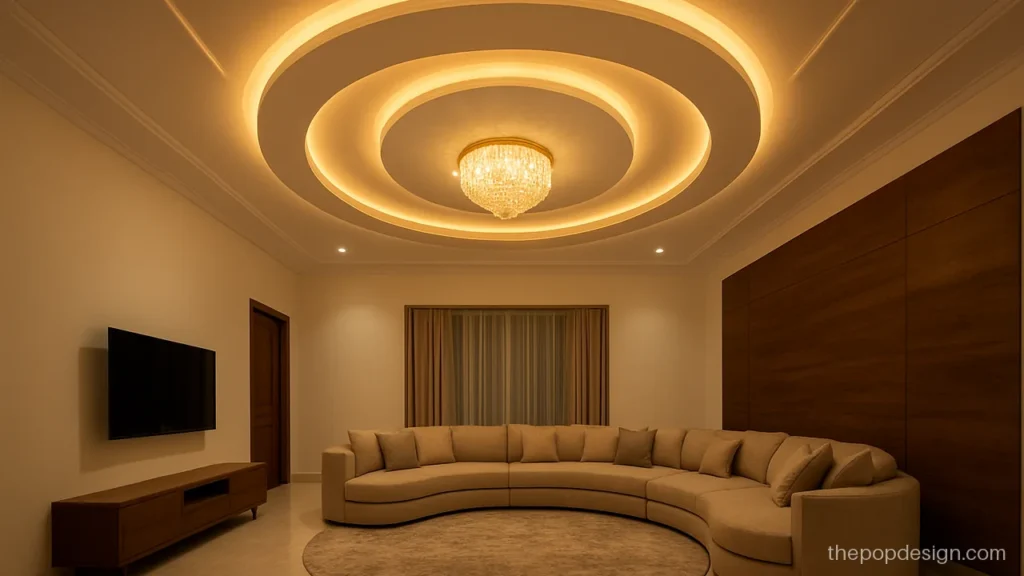 Circular pop ceiling design with chandelier inside a double cove ring