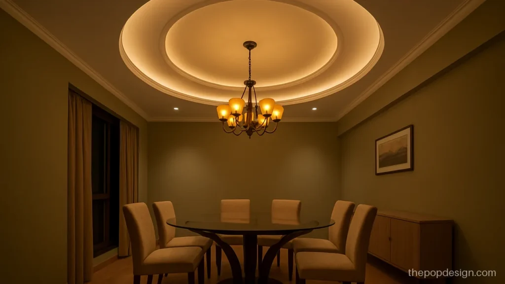 Dining jhumar POP design with an oval recess over an oval glass table