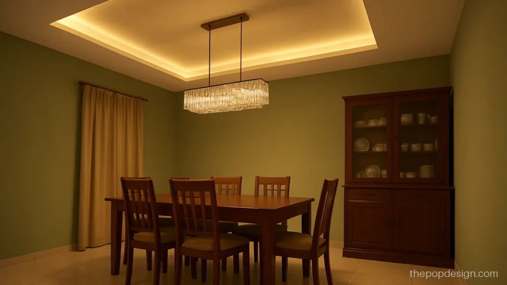 Pop design for chandelier over a six seater dining table with rectangle recess