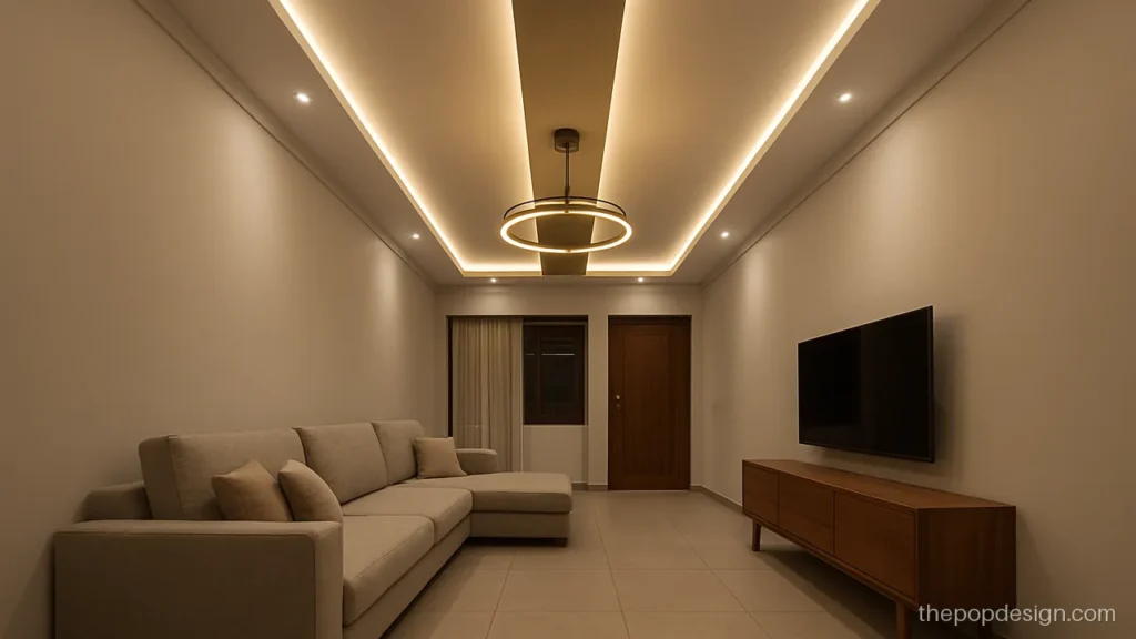 Main hall ceiling 2 fan 1 jhumar pop design with a grey linear recess