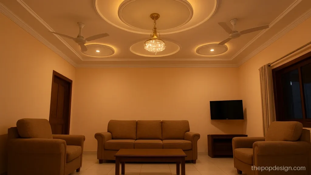 2 fan 1 jhumar pop design simple with three circles in a row