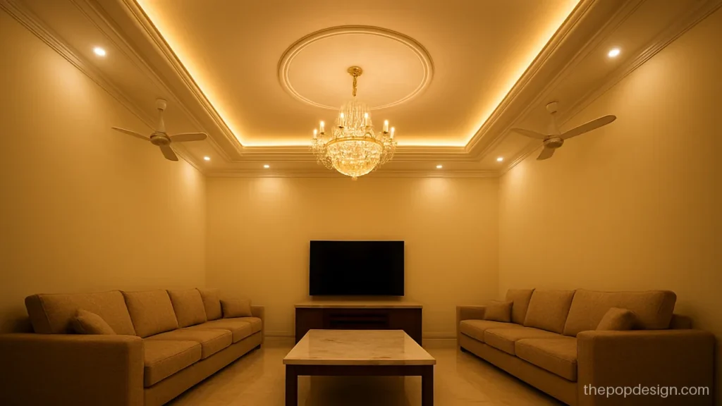 Main hall 2 fan 1 jhumar pop design with an oval jhumar recess between fans