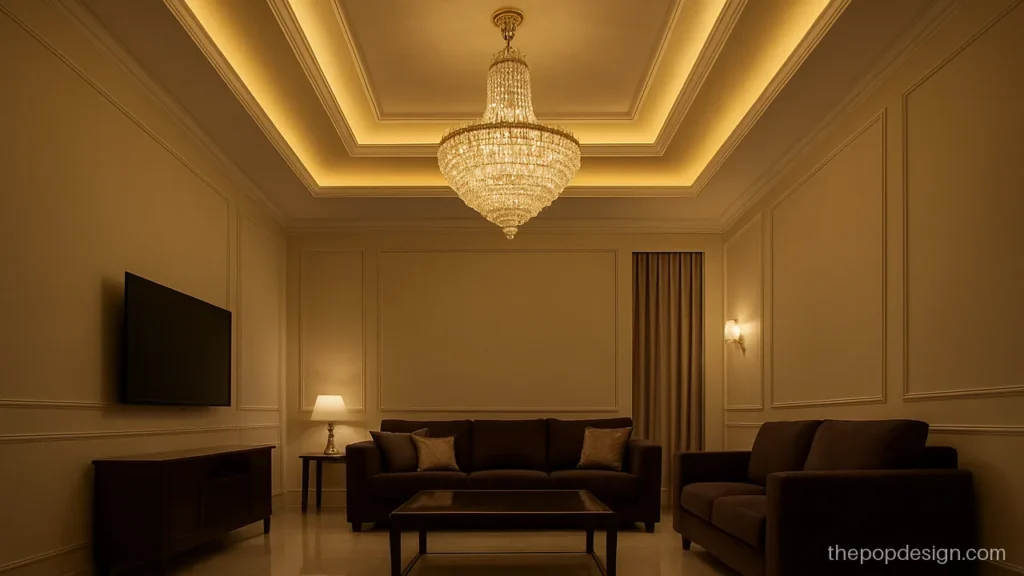 Luxury pop ceiling design with chandelier and layered champagne cove