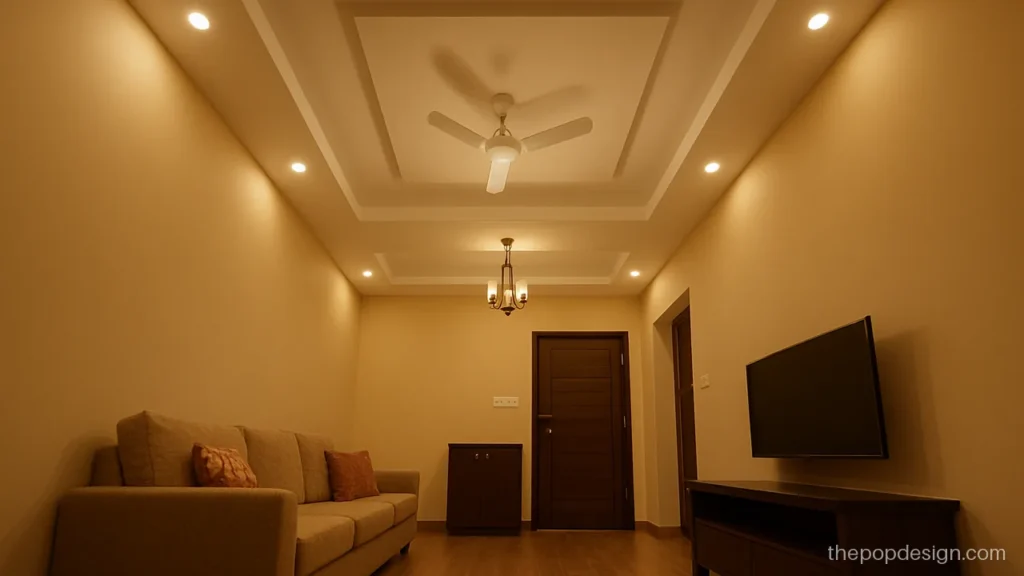 1 fan 1 jhumar pop design with the fan over sofa and jhumar over entry