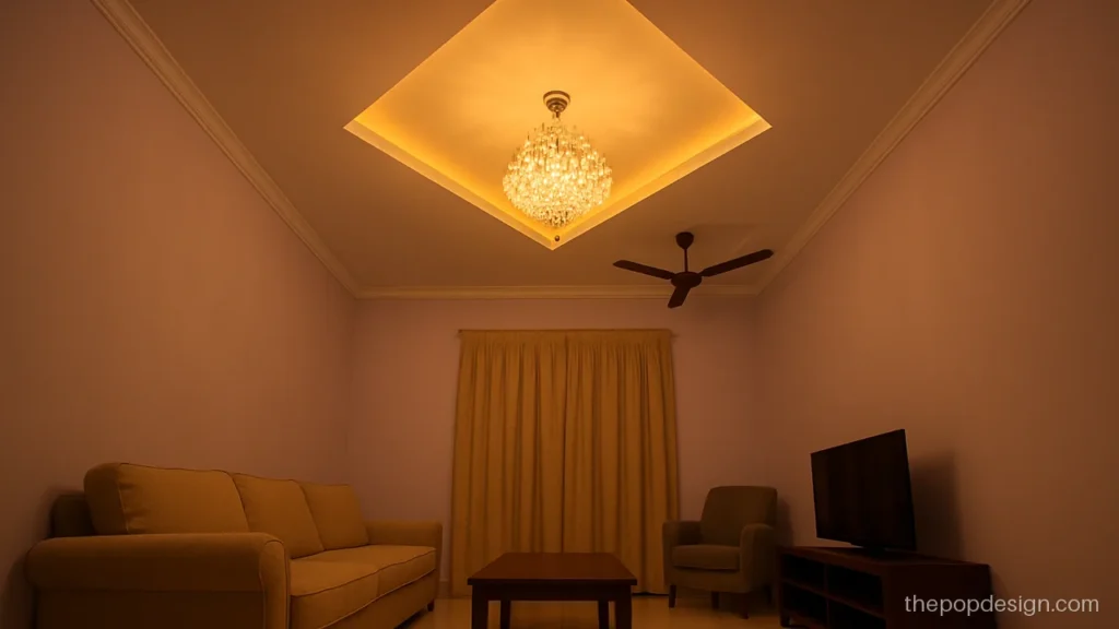 Pop jhumar design with a diamond recess and a fan in a corner square