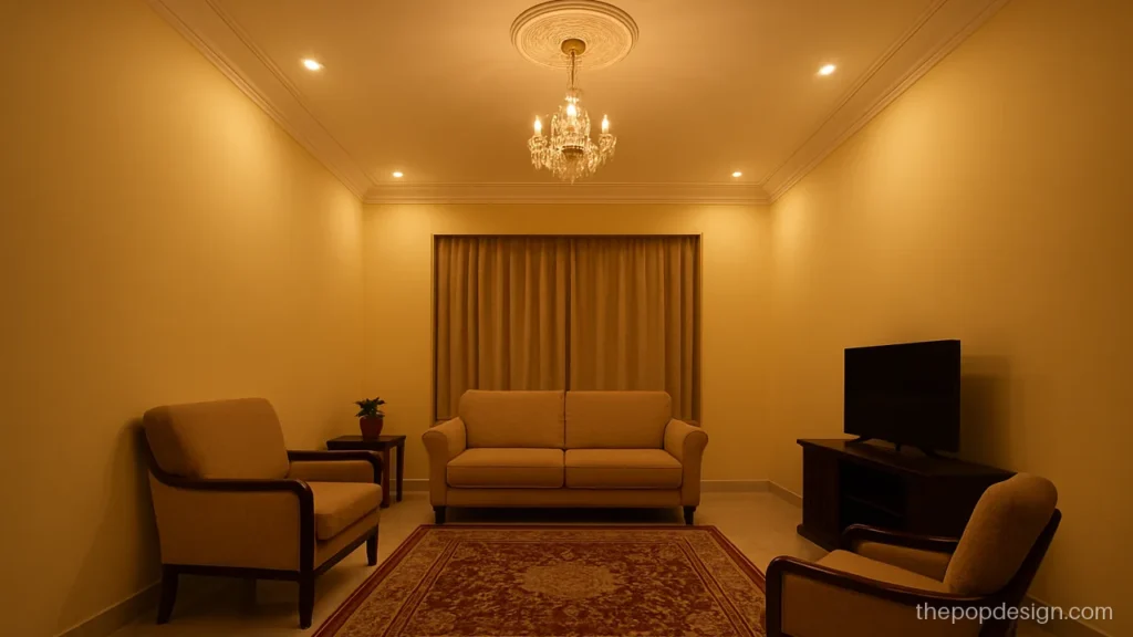Pop ceiling jhumar design with a single flower medallion in the centre