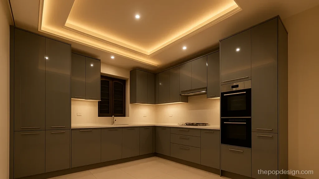 Modern kitchen POP design with cove light lined up to modular cabinets