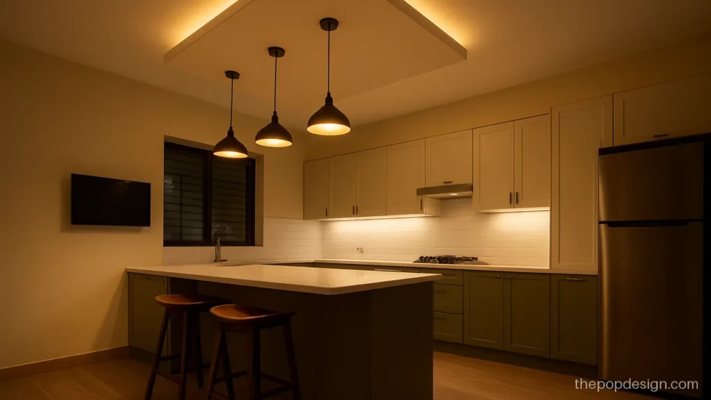 Kitchen POP false ceiling design with raised box over an island counter