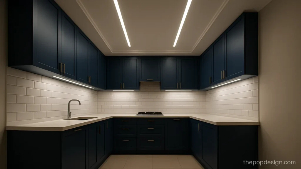 Kitchen pop ceiling design with three profile lines over a modular counter