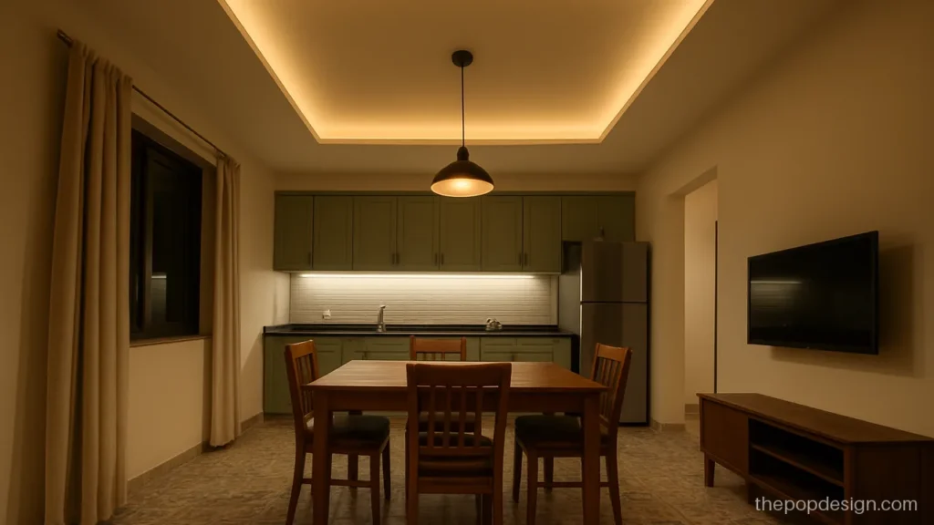 Open kitchen POP ceiling with a cove box and pendant over the dining table