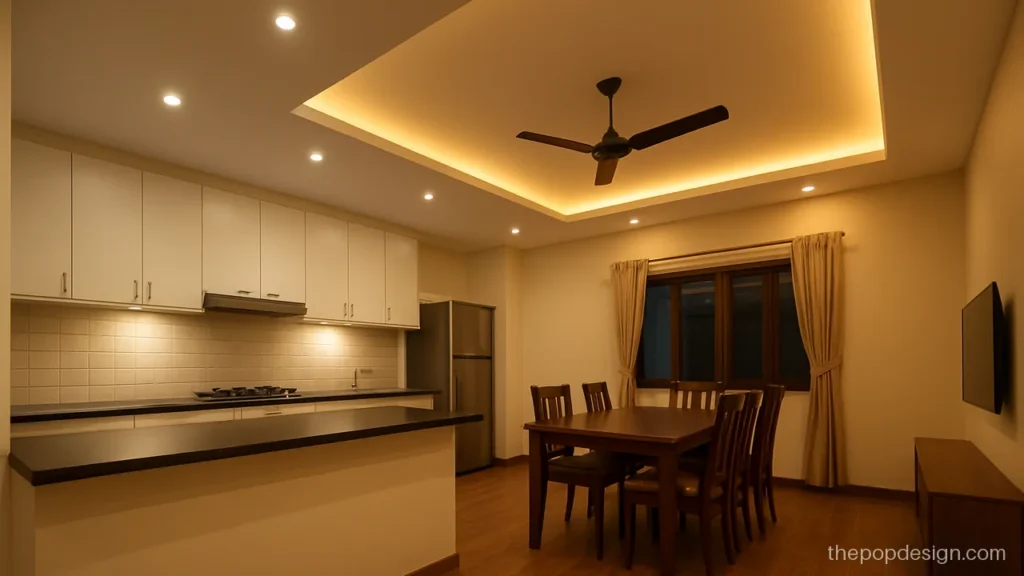 Open kitchen POP design with a step dividing the kitchen from dining