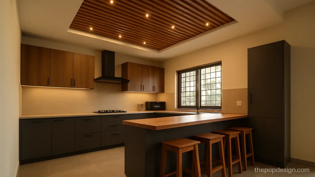 Open kitchen pop design latest with wood slat panel over the breakfast counter