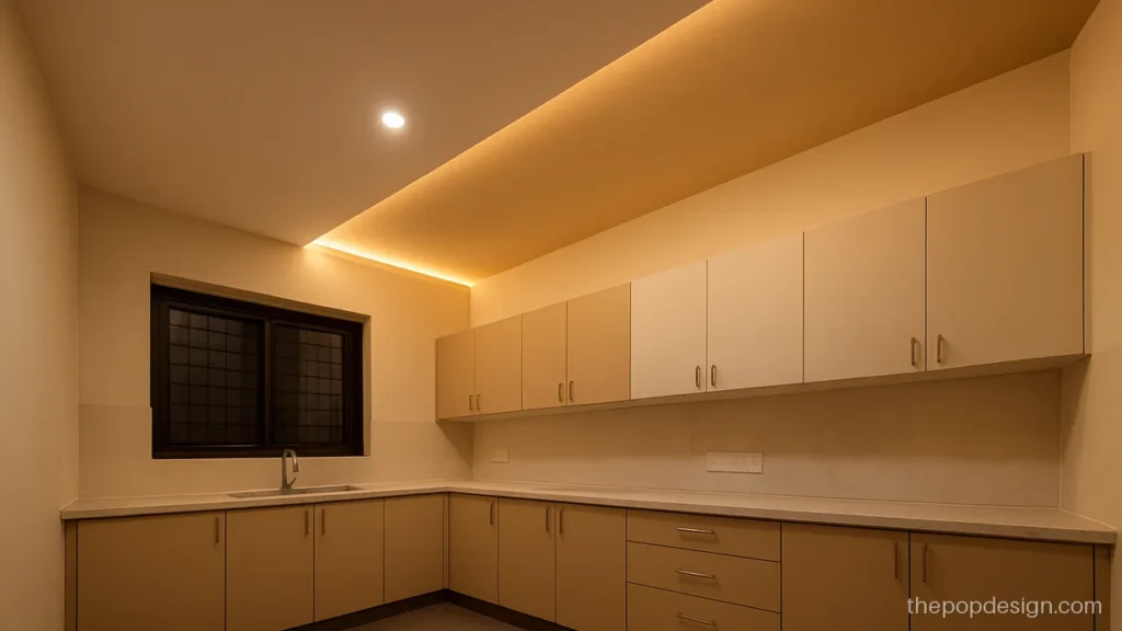 Pop design for kitchen plus minus with a diagonal cut and warm strip