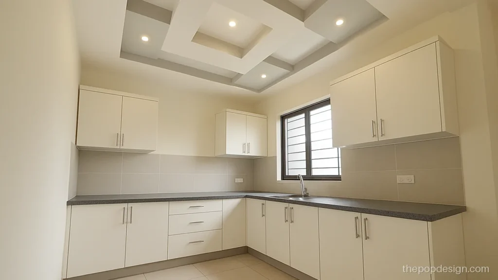 Kitchen POP design plus minus with stepped squares and grey recess