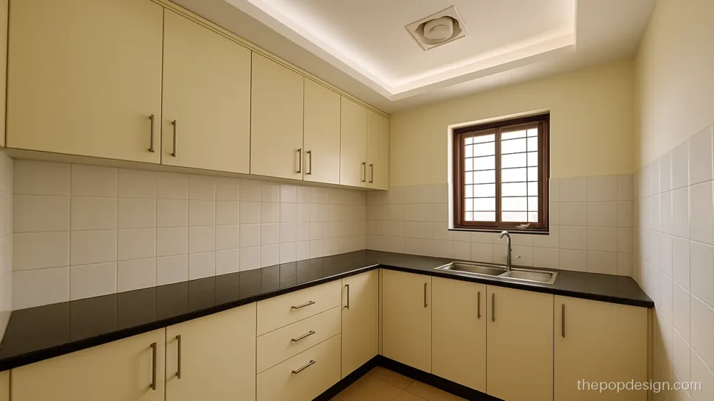 Simple kitchen POP design with a flat ceiling and soft cove wash