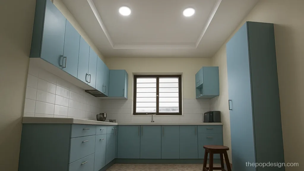 Kitchen POP design simple with two round panel lights in a plain band