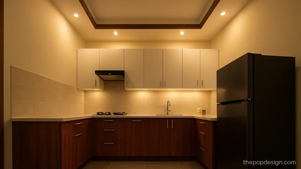 Simple kitchen POP ceiling design with a wood finish strip on the edge