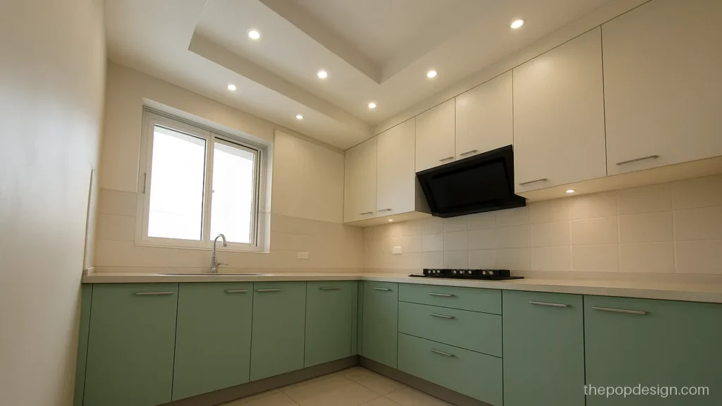 Small kitchen POP ceiling with a row of spot lights over an L counter