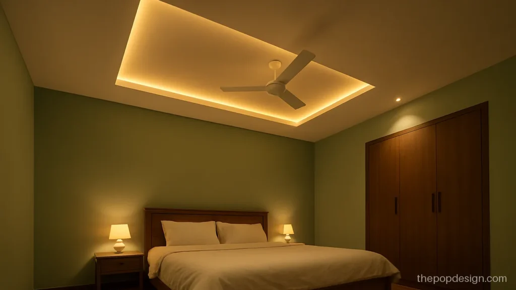 New POP ceiling design for bedroom with a raised panel over the bed