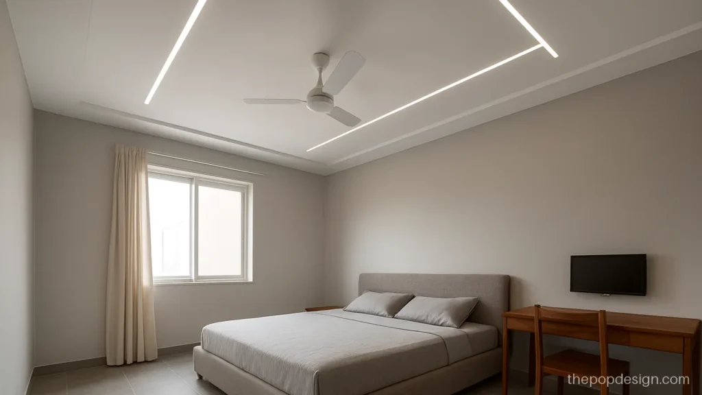 Latest POP design for bedroom with diagonal profile lines across the ceiling