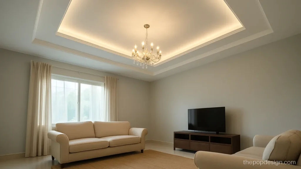 Hall POP design latest look with offset rectangles and a crystal jhumar