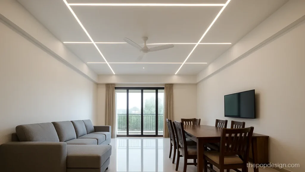 Trending POP design with a grid of slim profile lights in a living room