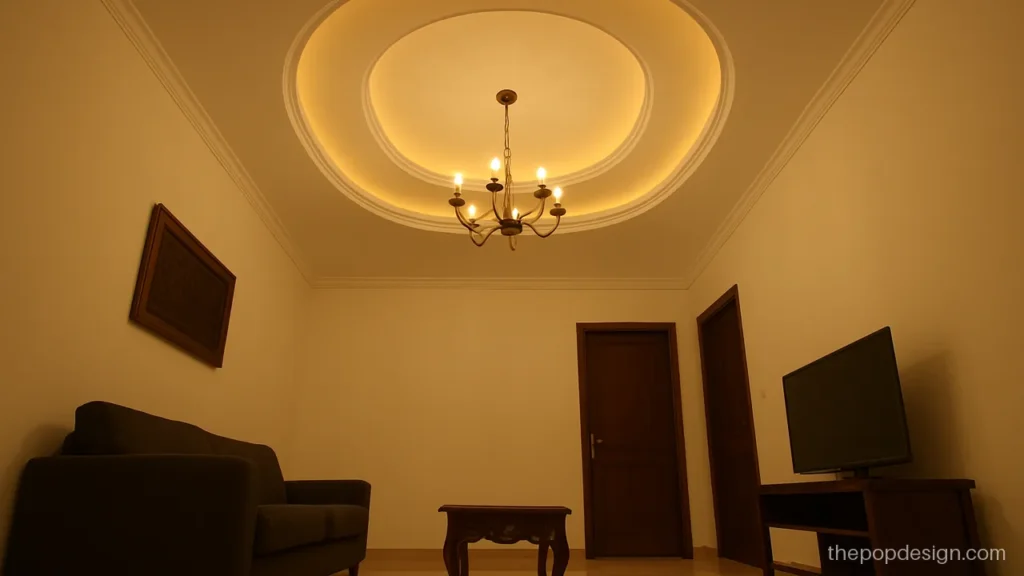 Top hall POP design with a stepped oval and a metal jhumar