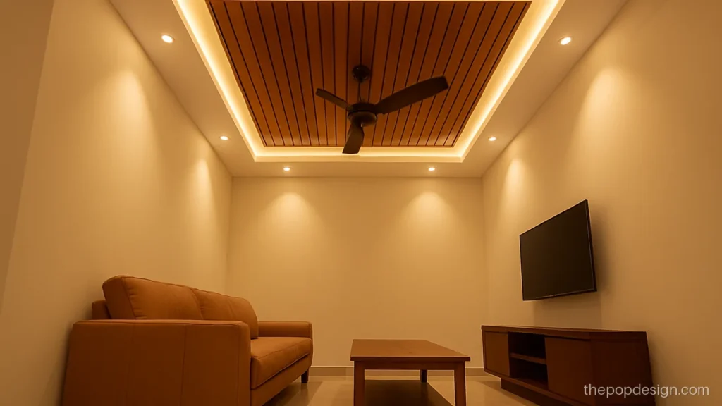 New POP design for hall with wooden slat panel in the centre