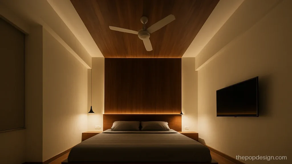 Latest POP design for bedroom with a wood strip running from the headboard