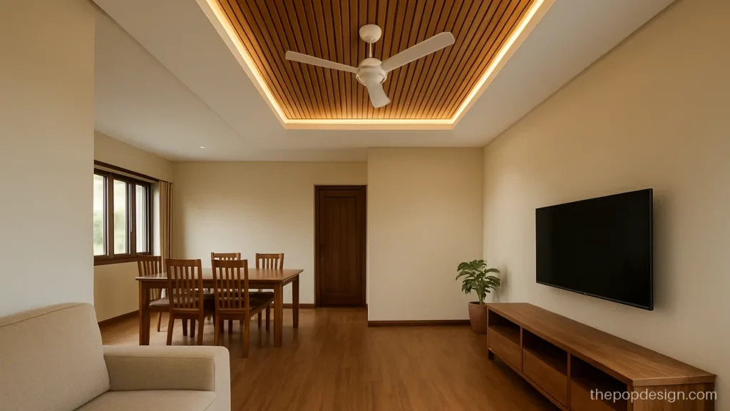 Dining hall POP ceiling design with linear wooden slats inside a recess