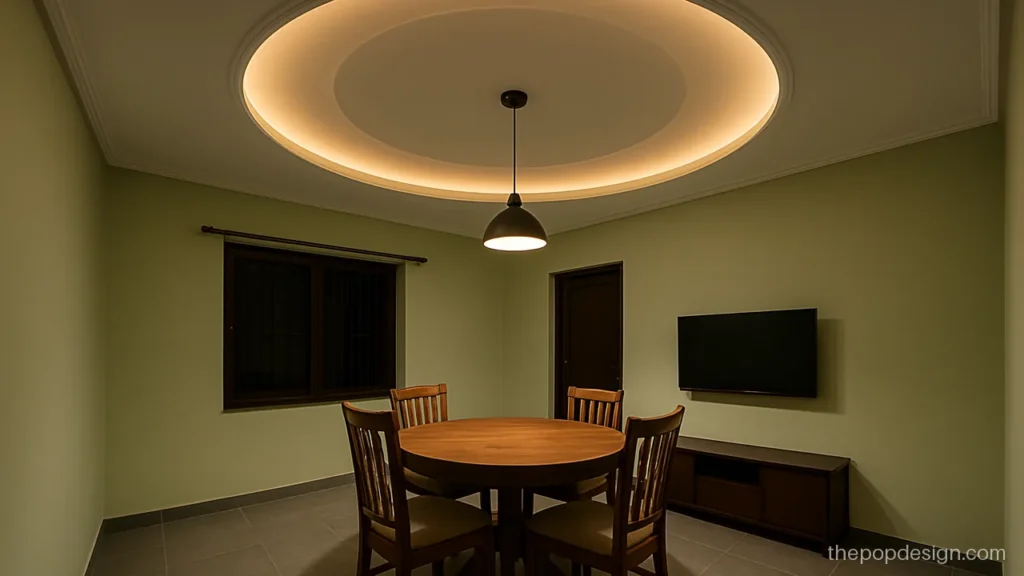 Dining hall POP design with a round recess over the table