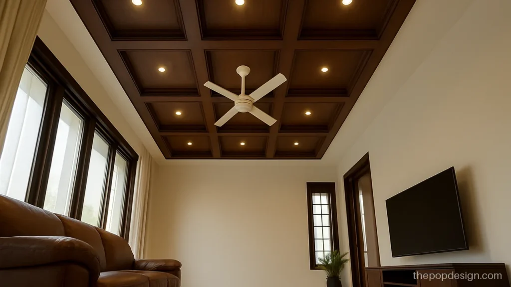 Drawing room POP ceiling design with coffered squares and wood finish beams
