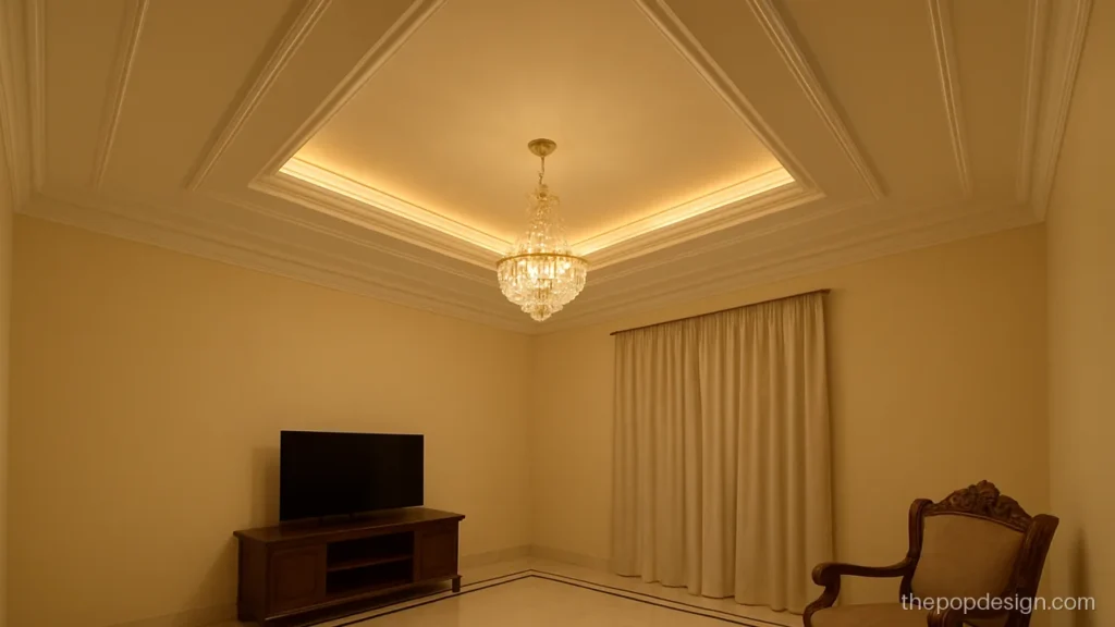 Drawing room POP design with moulded square frame and a crystal jhumar