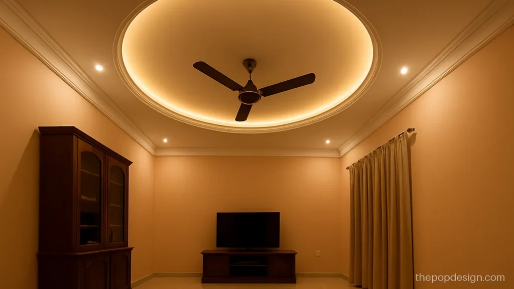 Pop design for drawing room with oval recess and thin gold painted line