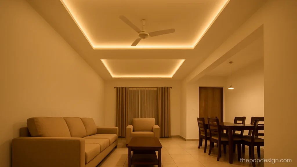 Living room POP design for hall with separate sofa and dining zones