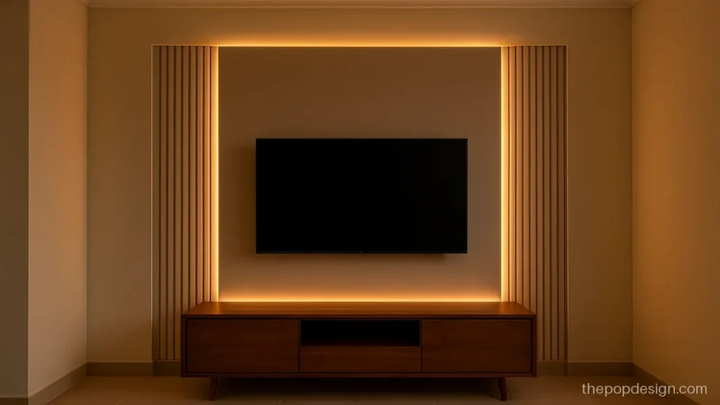 Modern POP wall design for living room with vertical grooves behind the TV