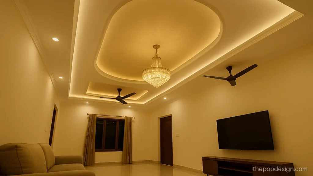 Pop design for living room with two fans and a jhumar in the middle