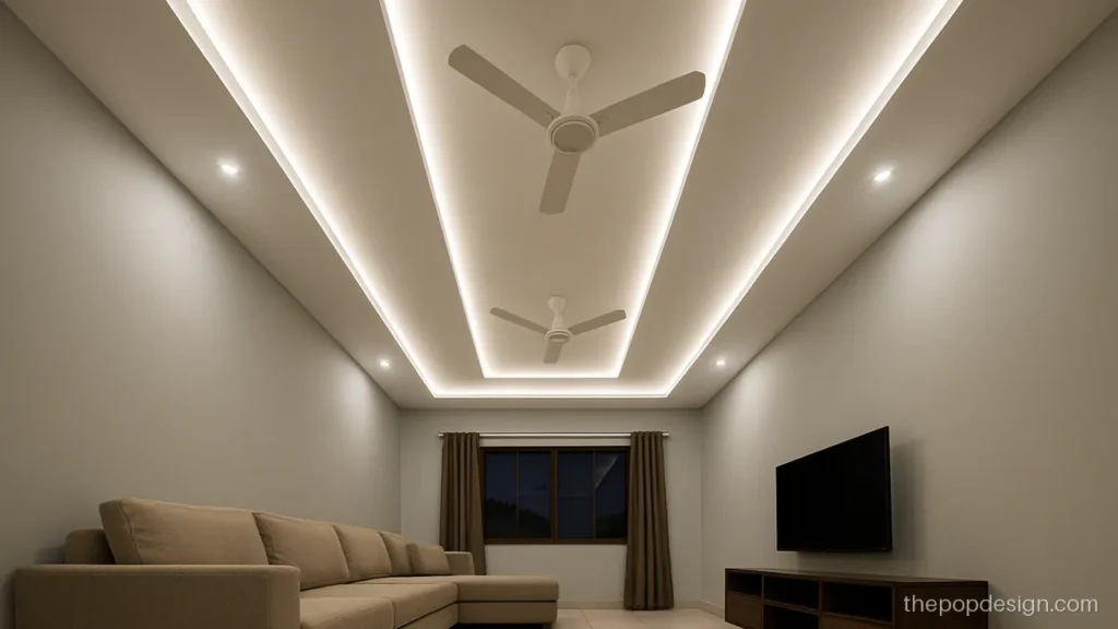 Living room pop ceiling design with two fans on a long profile light strip