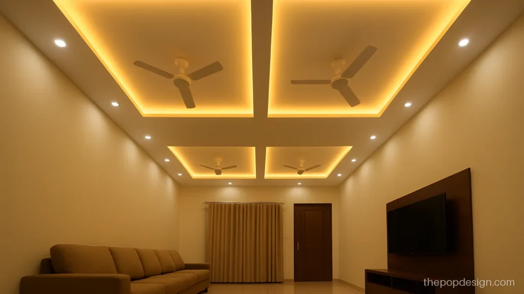Living room 2 ceiling fan POP design with twin recessed squares