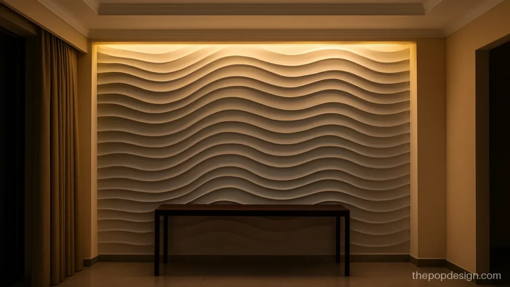 Living room 3D POP wall design with wave panel painted light grey