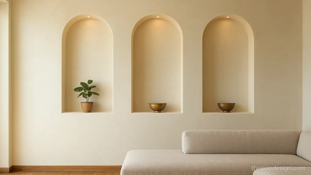 Pop wall design for living room with three arch niches and soft white finish