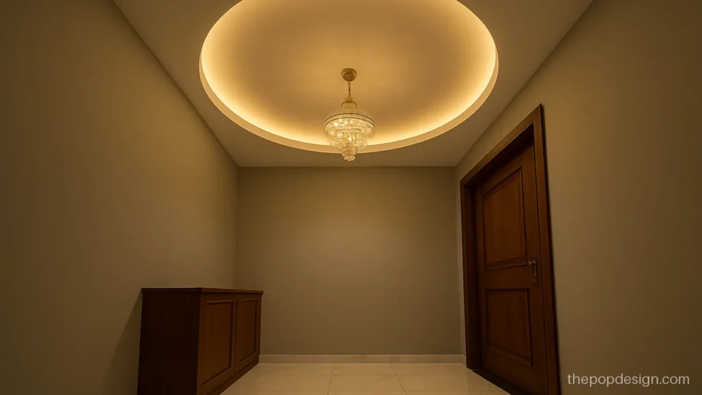 Entrance foyer POP ceiling with a round recess and a small jhumar