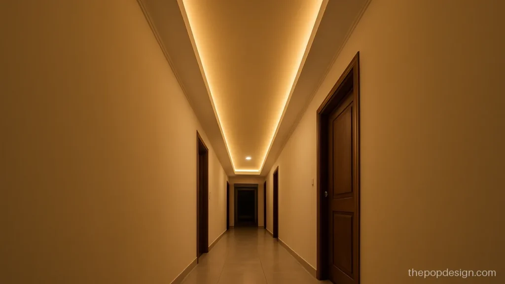 Long gallery pop design with one centre light channel down the corridor