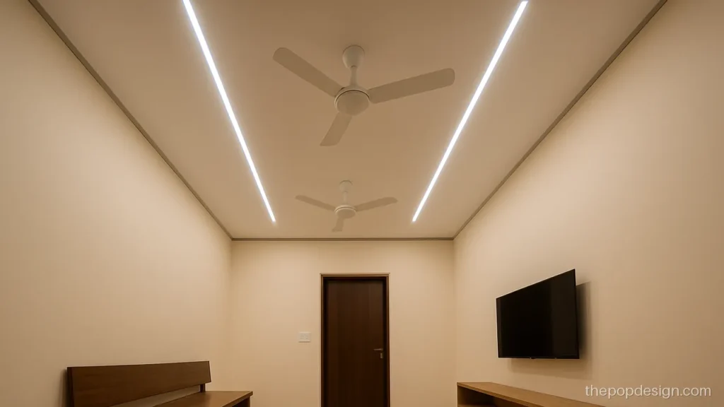 Modern lobby pop design with two fans between linear light lines