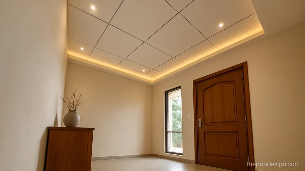 Lobby pop design latest foyer ceiling with a square grid of grooves