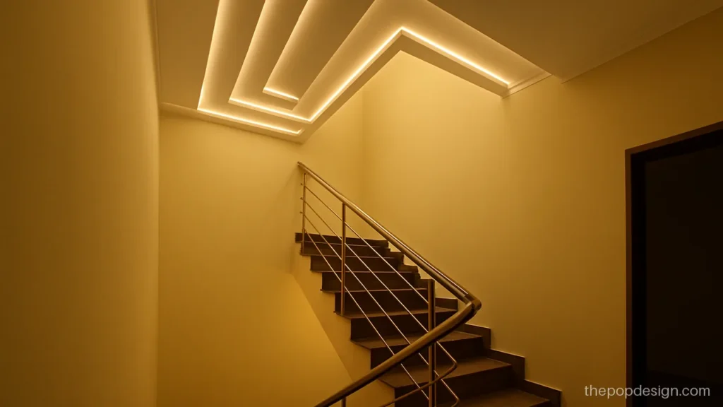 POP design for staircase ceiling with stepped light strips