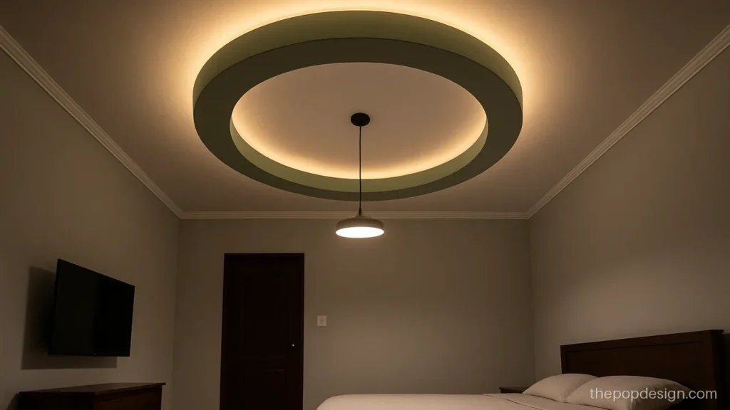 Pop design aesthetic bedroom with a floating circle and sage edge